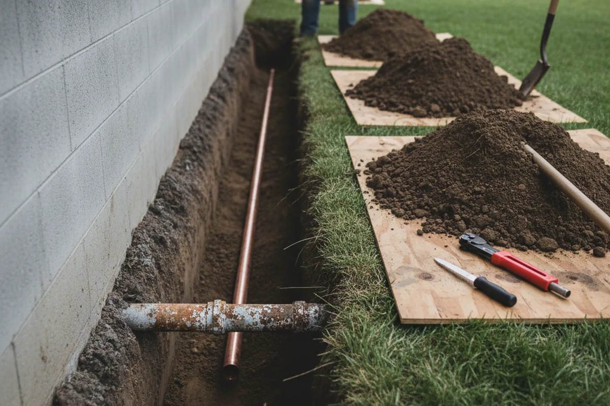 Excavated water line trench during Sewer Line Repair in Delcambre